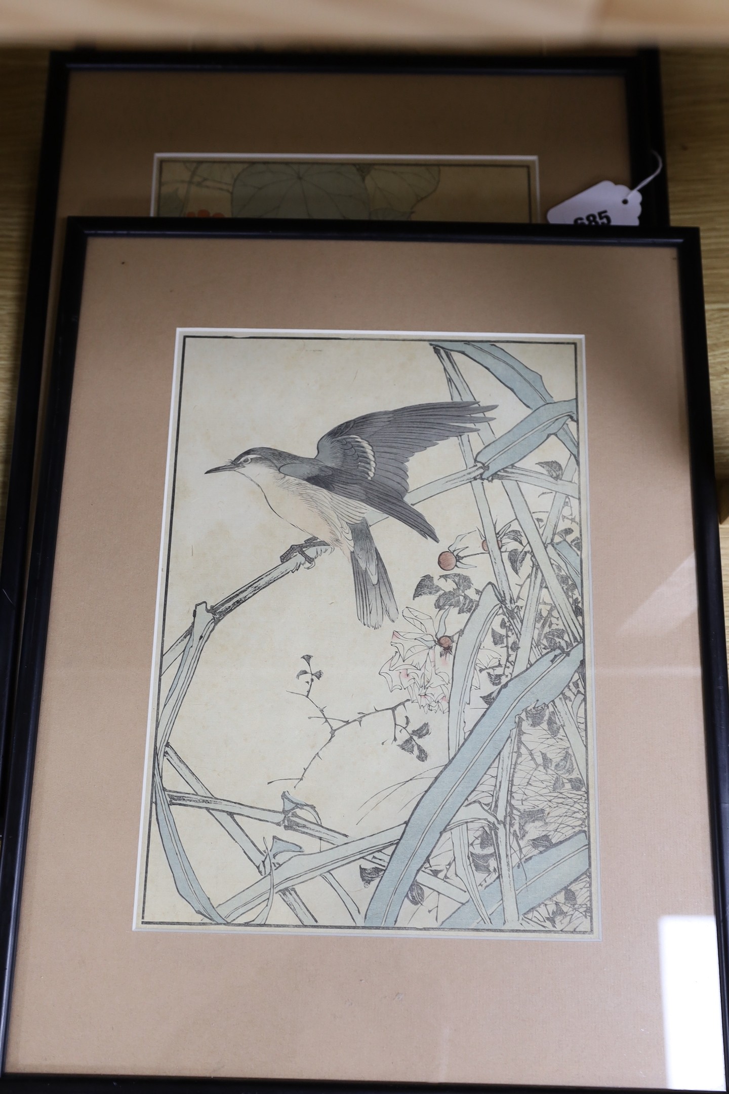 Imao Keinen (Japanese, 1845-1924), three woodblock prints, Studies of birds and flowers, 32 x 23cm